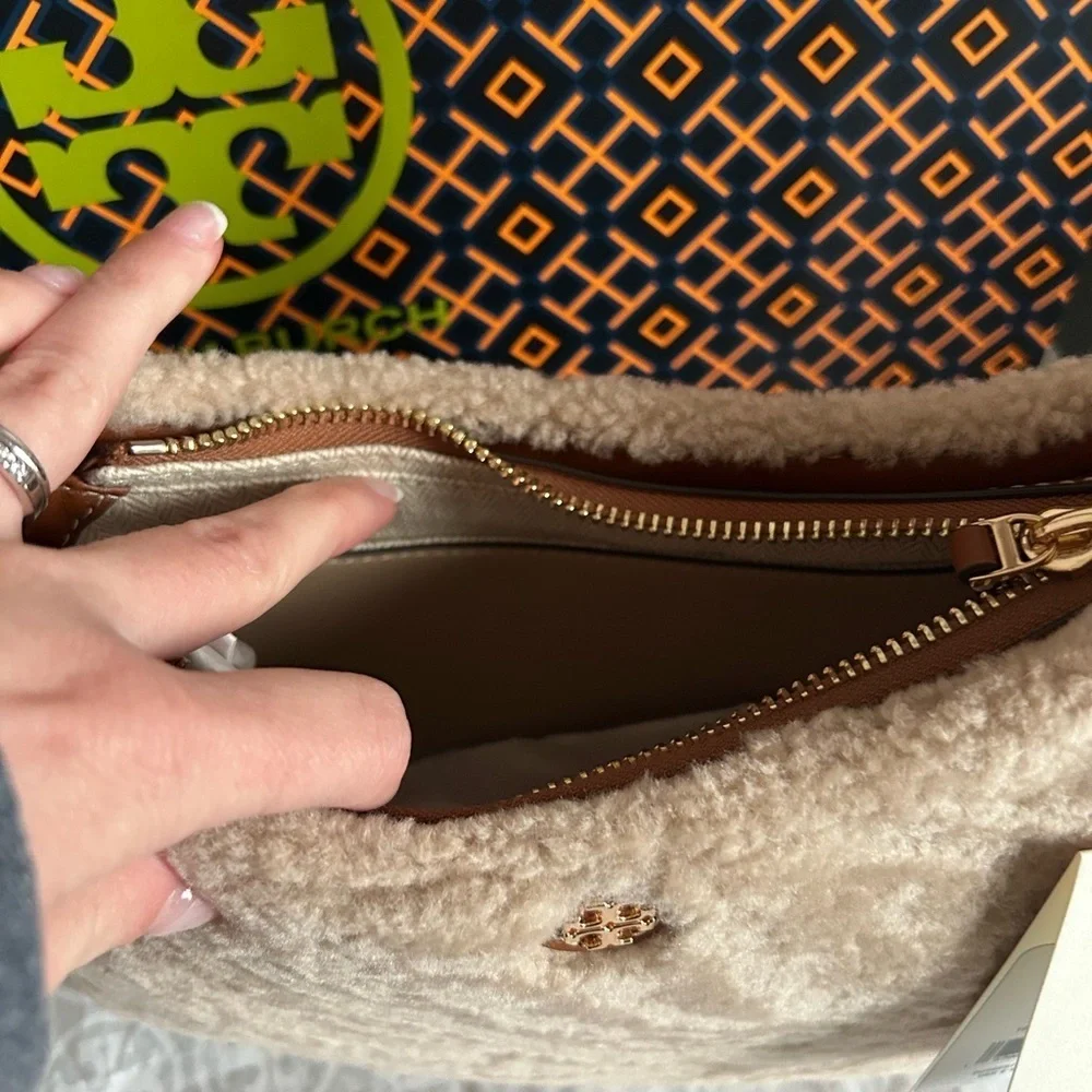 Tory Burch Emerson Shearling Shoulder Bag Fresh Wheat Gold Tan Brown Cream